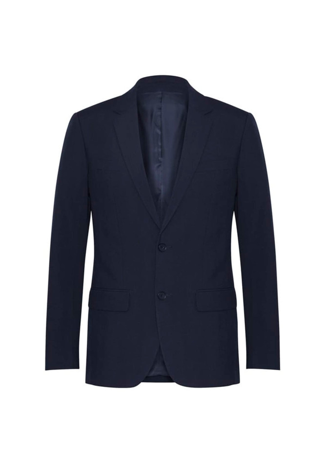 A navy classic jacket with a single-breasted design and two front pockets. Features a logo.