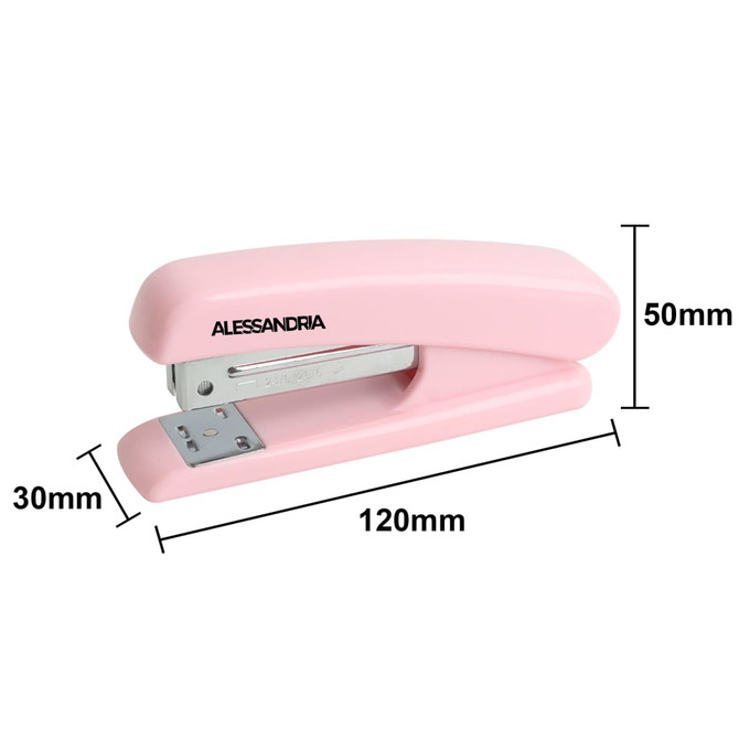 A pink stapler with a metallic base, measuring 120mm by 50mm and 30mm in height, featuring a logo.
