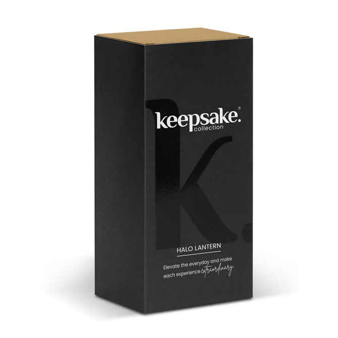 A black boxed lantern featuring sleek branding, designed for decorative use. The box has a minimalist style.