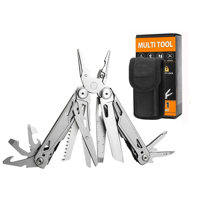 A silver survival multi-tool with pliers and various tools, accompanied by a black carrying case and packaging.