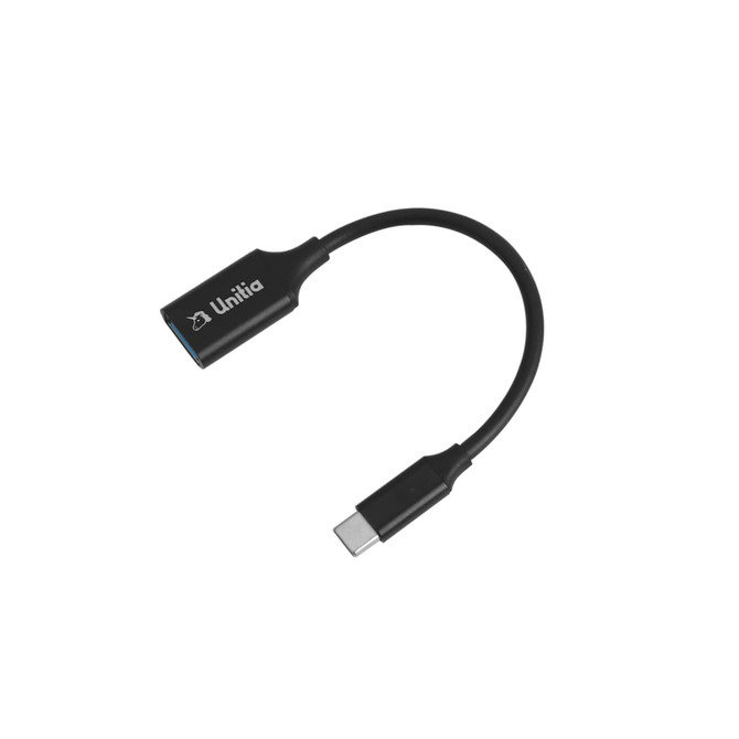 A black USB 3.0 to USB-C OTG adapter with a flexible connector and a logo on one side.
