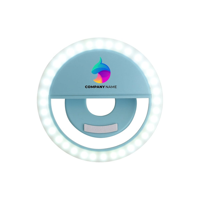 A blue ring selfie light with multiple white LED lights and a logo in the centre.
