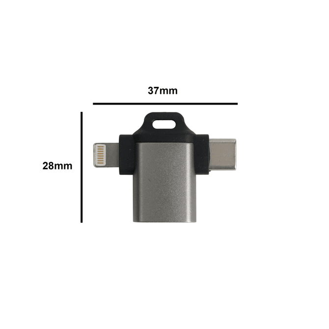 A grey USB 3.0 to USB C Lightning OTG adapter with dimensions marked. It has a logo on the side.
