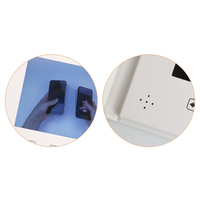 A 7-inch LCD video brochure featuring a white body with speakers, displaying smartphones being interacted with.