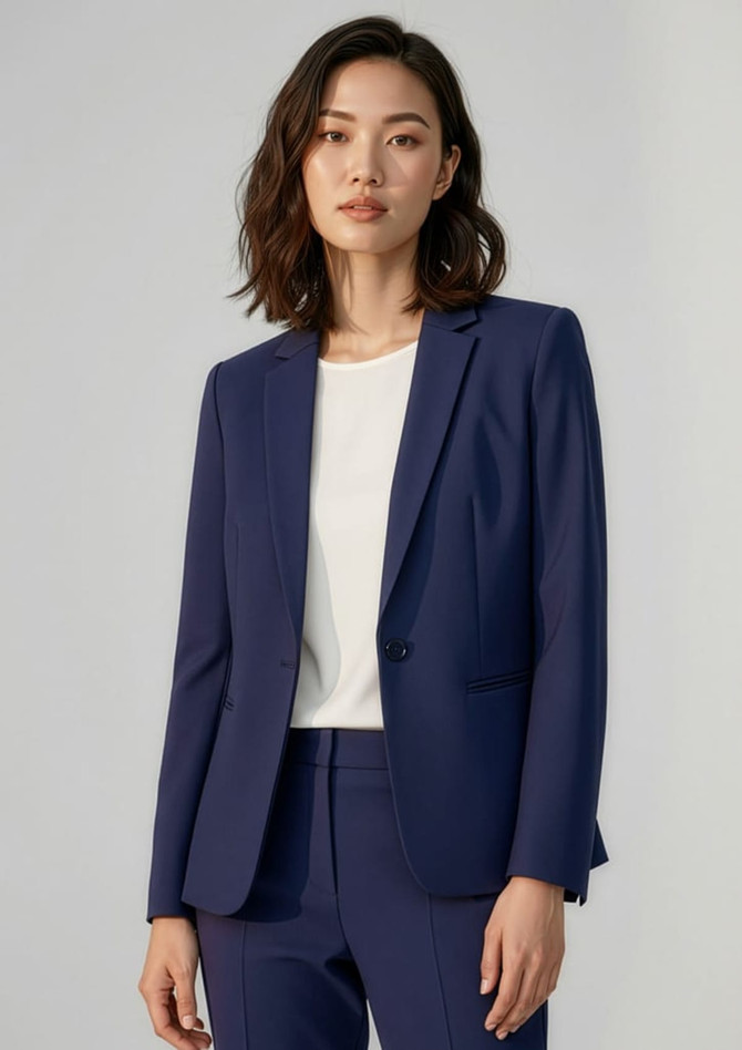 A woman wearing a navy blue blazer, styled with a white top, featuring a logo on the garment.