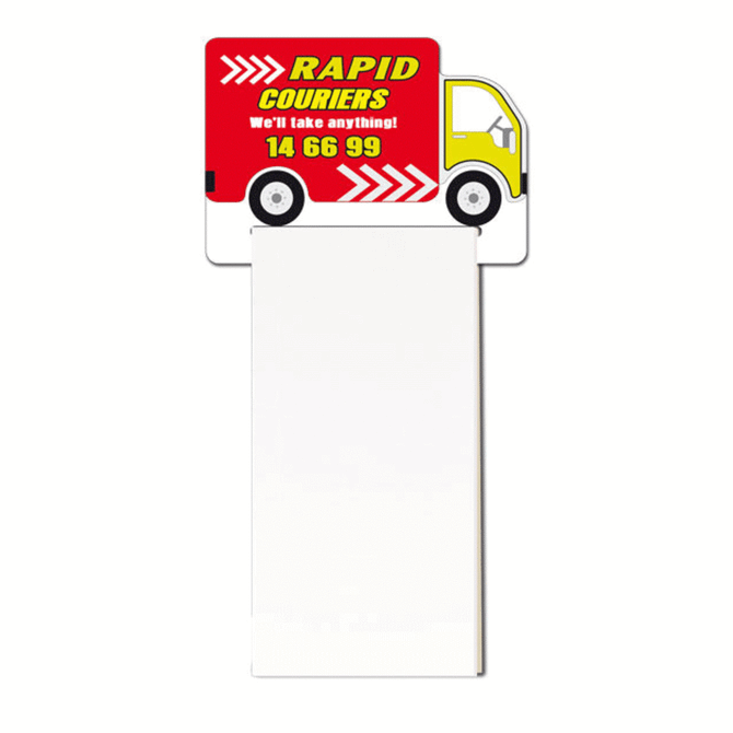 A custom-shaped notepad featuring a red and yellow courier truck design with a white writing area. It has a logo.