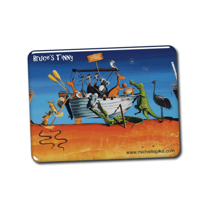 A colourful, domed fridge magnet featuring a whimsical scene of animals around a boat on a sandy shore.