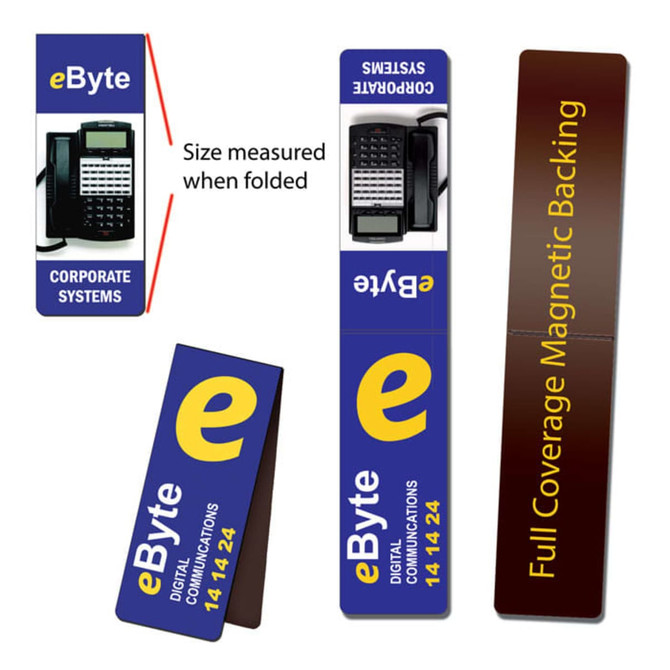 Three magnetic bookmarks in navy blue, featuring a logo and a description of their size and magnetic backing.