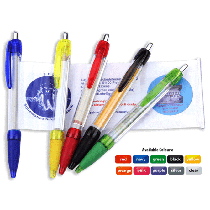 Five banner pens in various colours: blue, red, yellow, black, and green, arranged with a product card in the background.