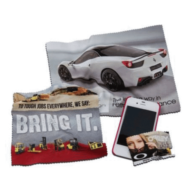 Microfibre lens cloths featuring full colour prints, showcasing various images including a sports car and promotional text.