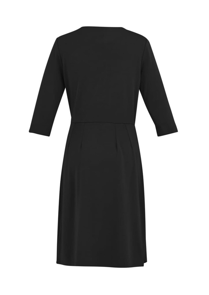 A black women's dress with three-quarter sleeves and a back pleat detail. It features a simple, elegant design.