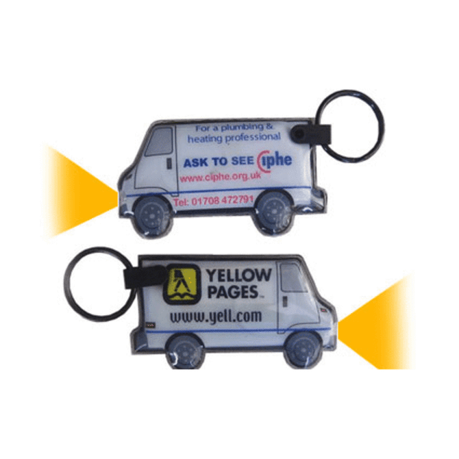 A PVC keyring in the shape of a van, featuring LED lights and a logo, in blue and white colours.