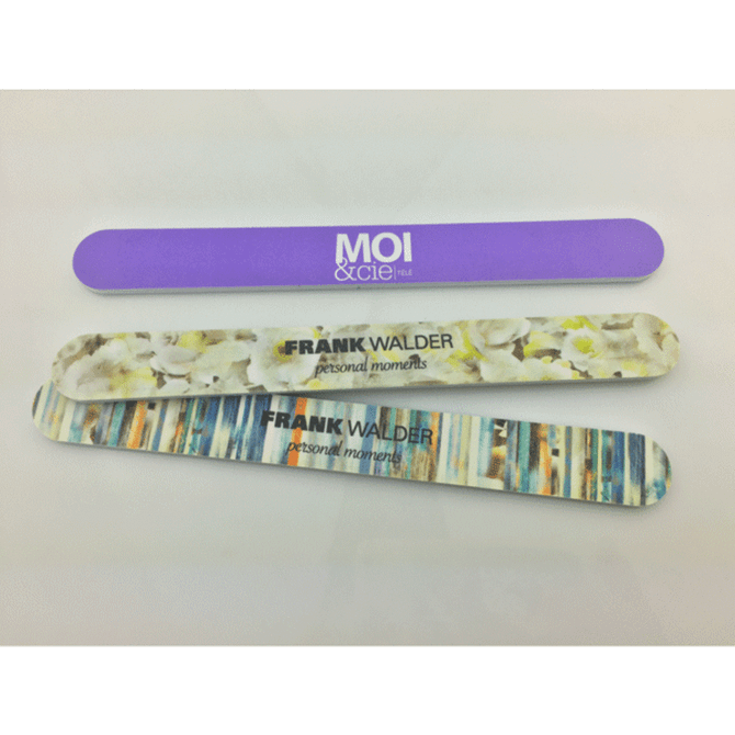 Three emery nail files in varying designs, featuring purple and floral patterns, with branding on two files.
