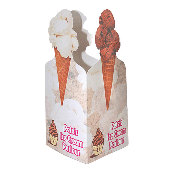 A table tent featuring a cone with scoops of ice cream, primarily in white and brown colours, with a branding logo.