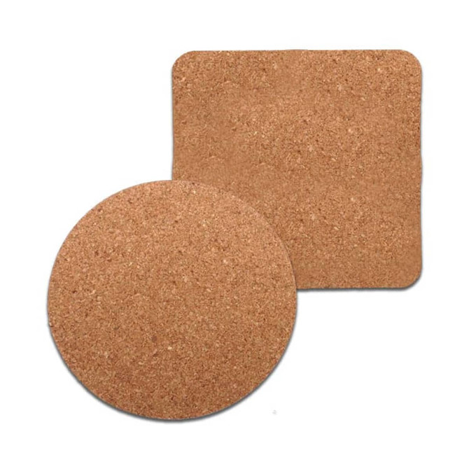 A round and square plain cork coaster in a natural cork colour. Both coasters are unbranded.