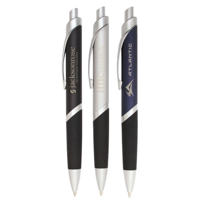 A set of three metal pens in black, silver, and navy, each featuring a branding logo.
