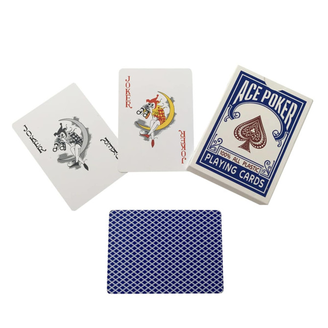 A set of PVC playing cards featuring a blue and white design with two joker cards displayed alongside the box.