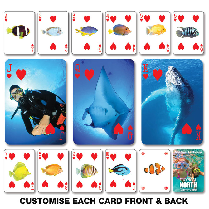 Playing cards featuring marine life images in vibrant colours, with a diver and an illustration of a stingray.