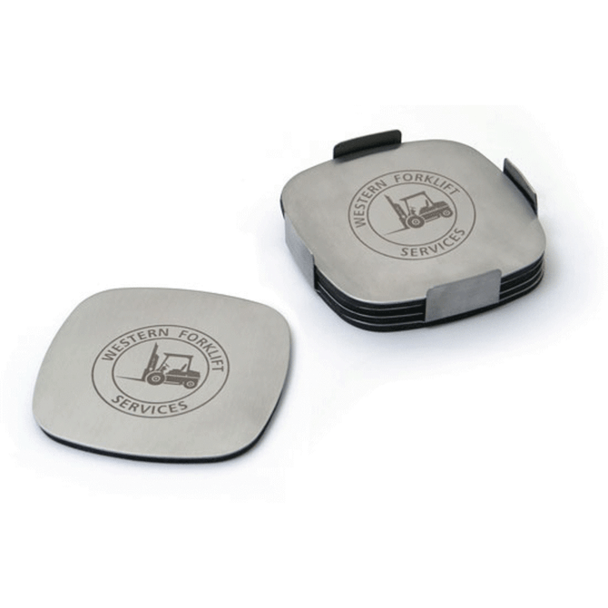 A set of four metallic coasters with rounded edges, stacked together, featuring a logo on the surface.
