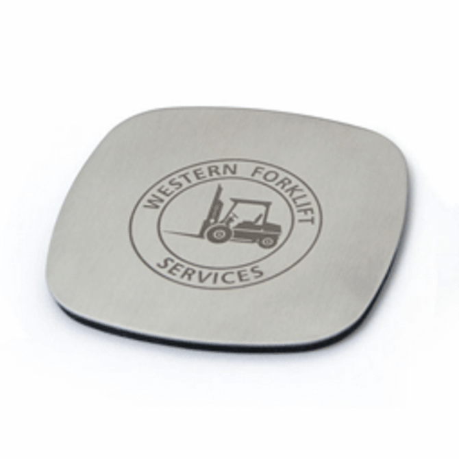 A square metal coaster in a silver colour, featuring a logo in the centre.