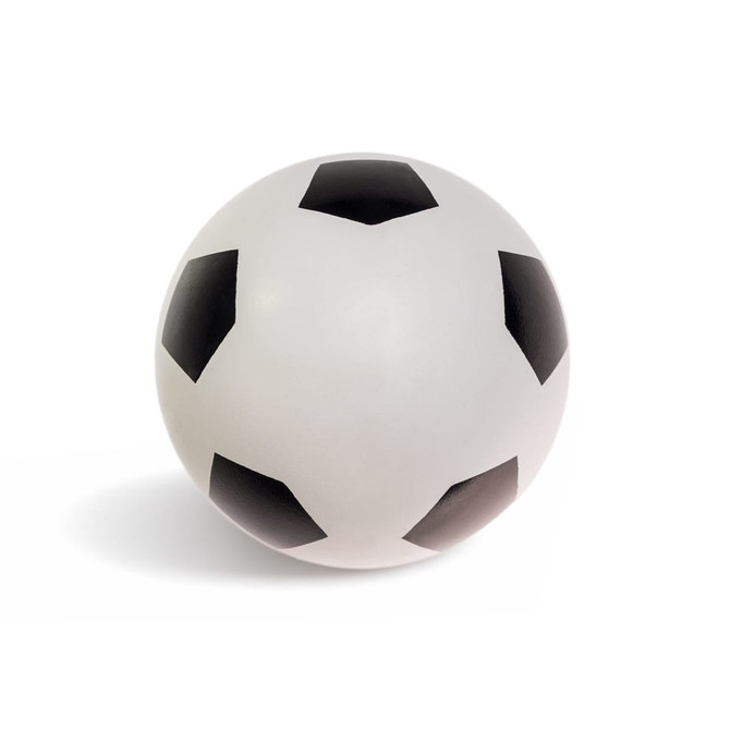 A white soccer ball with black pentagonal patches and a logo. Ideal for leisure and outdoor activities.