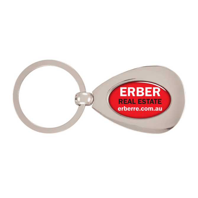 A silver metal keyring with an oval shape and a red logo. It features a keyring attachment for convenience.