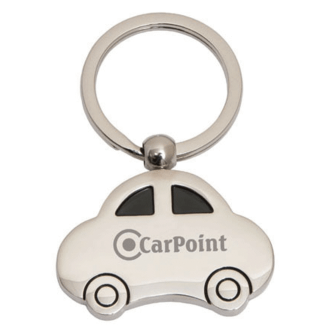 A silver metal keyring shaped like a car, featuring a logo on one side and a split ring attachment.