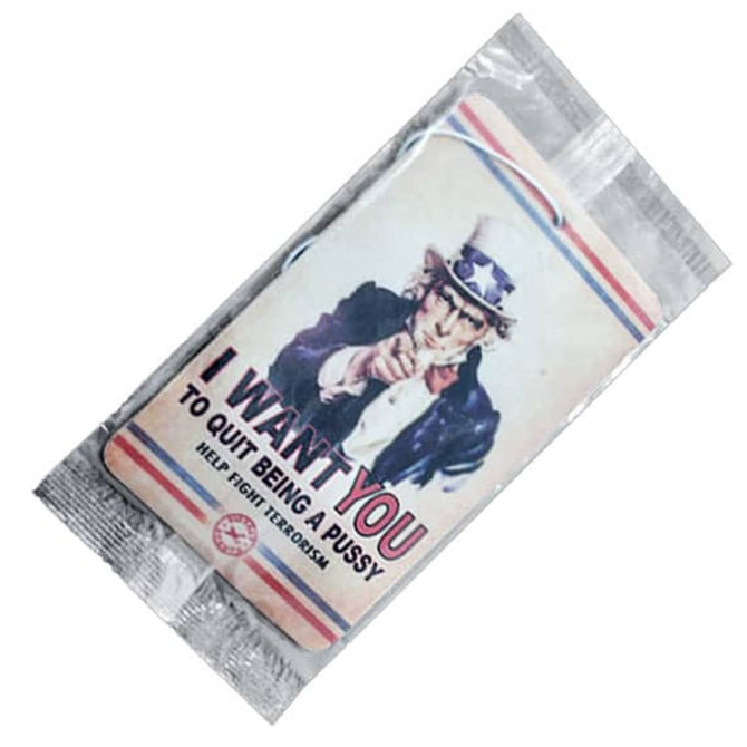A packaged air freshener featuring an illustration of a man in a suit with a hat. The product has a vibrant design.
