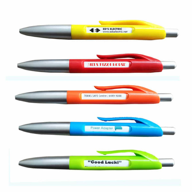 Five plastic pens in various colours: yellow, red, orange, blue, and green, each featuring a branding logo.
