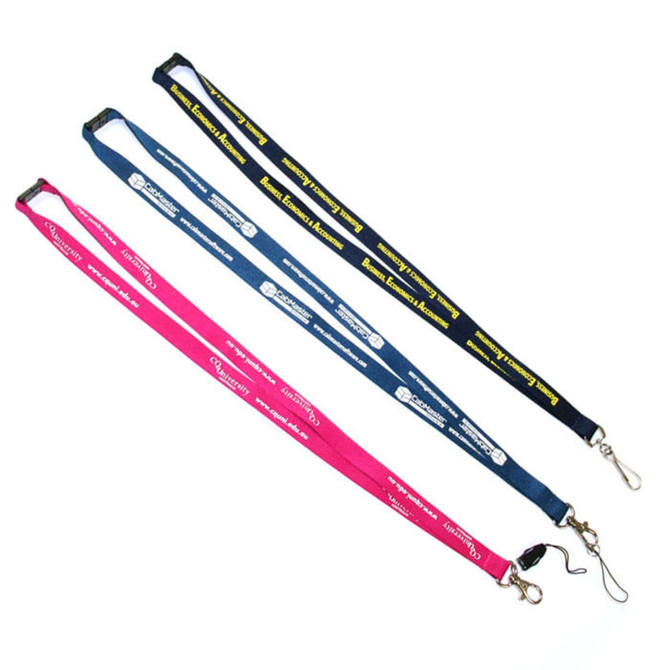 Three screen printed lanyards in navy blue, pink, and black, each featuring logos and attachments.