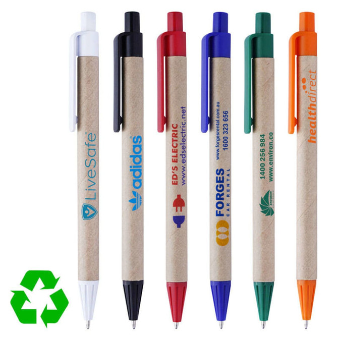 A collection of eco-friendly recycled pens in various colours: white, black, green, red, and blue, each with a logo.