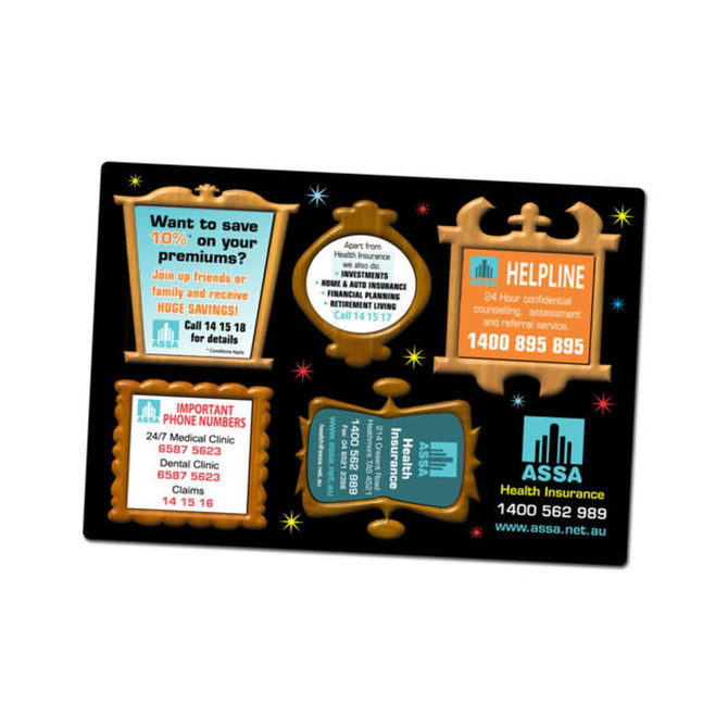 A magnetic photo frame featuring a black background with colourful starburst designs and multiple decorative frames.
