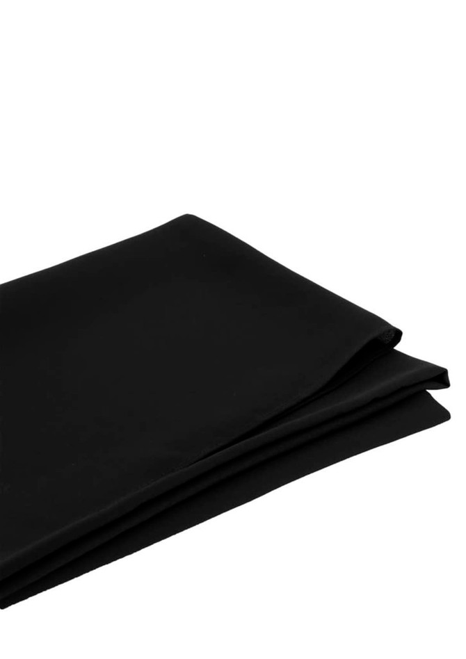 A black women's hijab folded neatly, featuring a simple design and smooth fabric. It has a logo visible on the fabric.