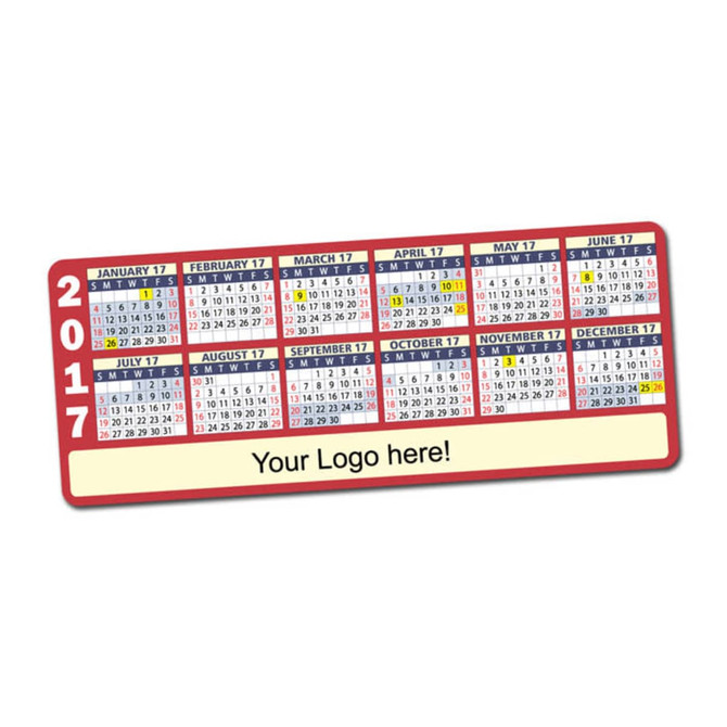 A magnetic calendar in red and white featuring monthly grids for 2017 and a space for a logo.