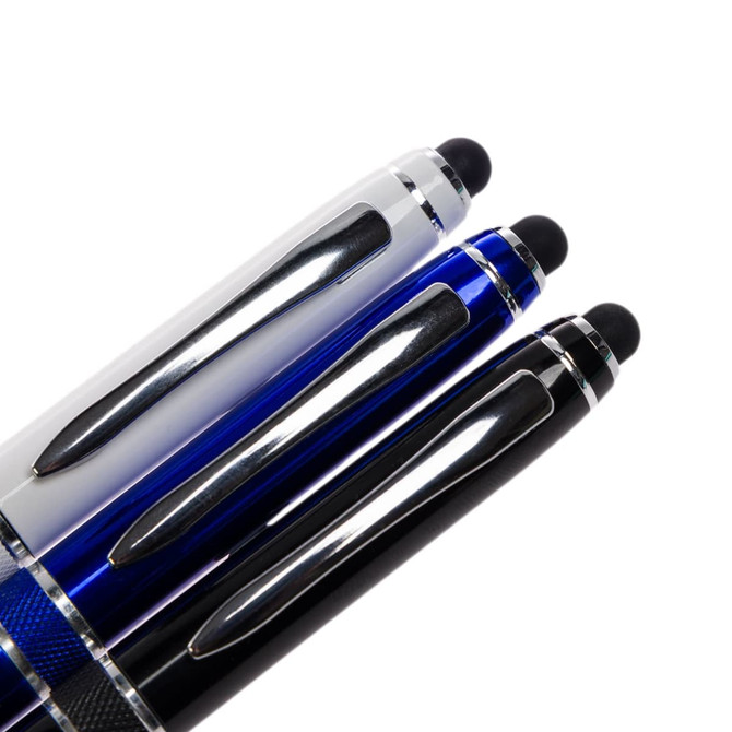 Columbia Aluminium Pens in white, blue, and black, each featuring a touch screen stylus tip and a sleek metallic design.