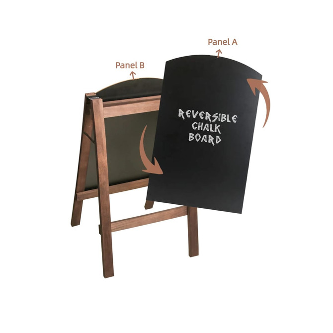 A-frame chalkboard with a wooden frame and two reversible black panels, labeled Panel A and Panel B.