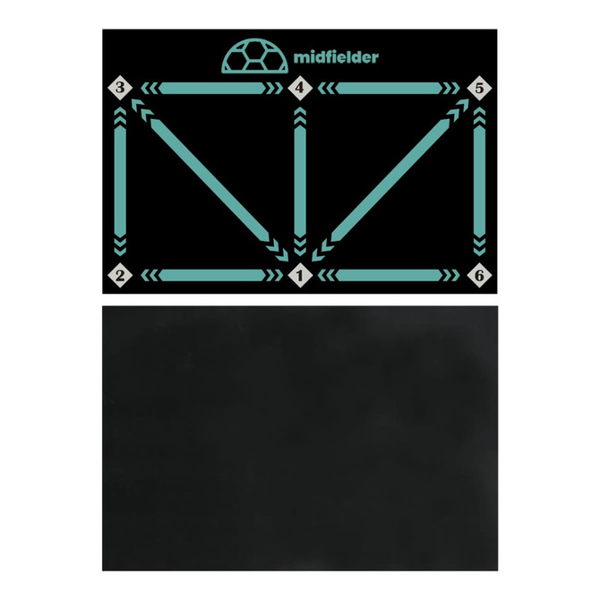 A black football training mat featuring teal directional arrows and numbers for drills, with a logo in the top centre.