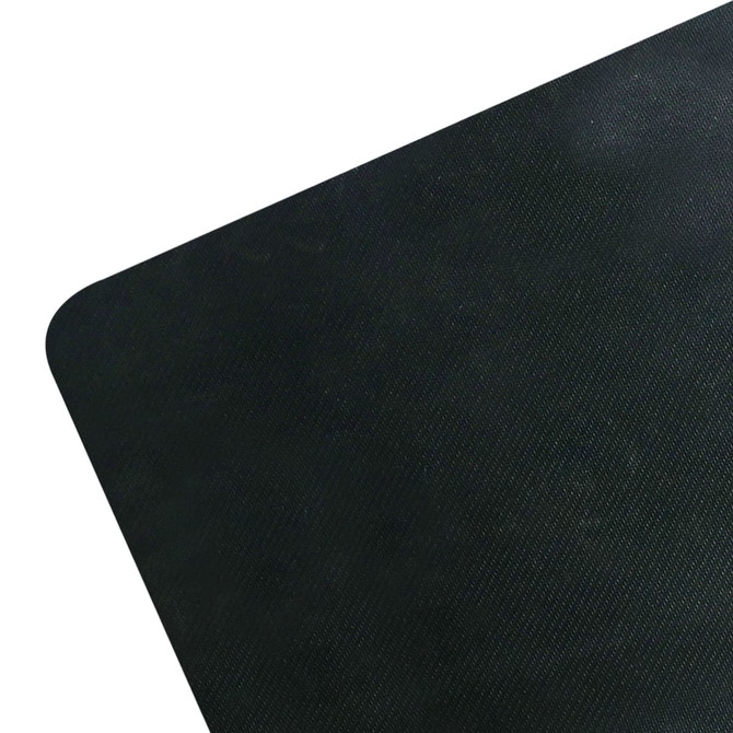 A pet feeding mat in black, featuring a textured surface and rounded corners. It has a logo on one side.