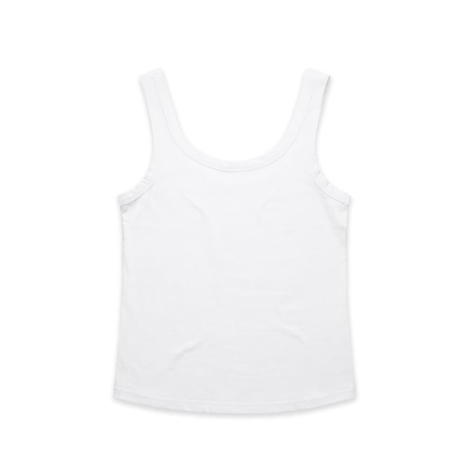 A white singlet with a scoop neckline, featuring a brand logo. The fabric appears soft and lightweight.