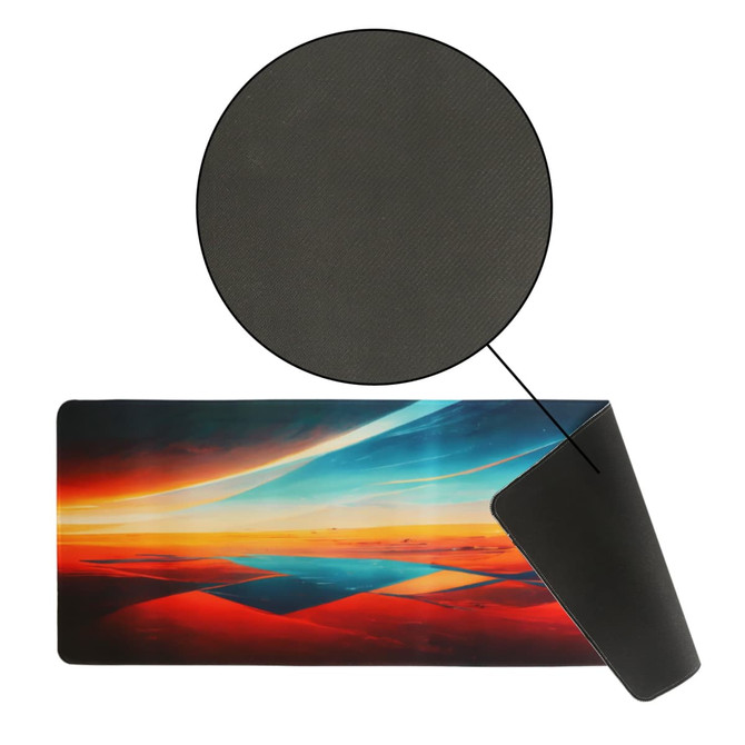 A full colour print rubber desk mat featuring a vibrant sunset design with a textured black underside.