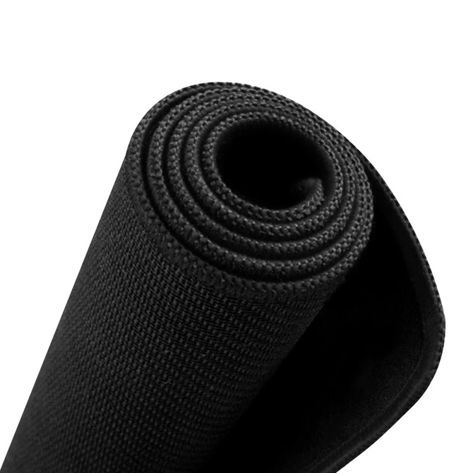 A rolled black rubber desk mat featuring a textured surface, suitable for office use, with branding present.