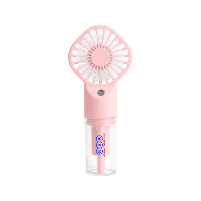 A handheld spray fan in pink with a clear water reservoir. It features a logo on the body.