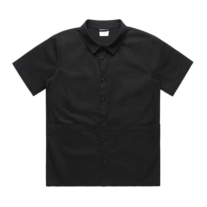 A black button-up shirt with a collar and short sleeves, featuring a front button closure and a pocket.