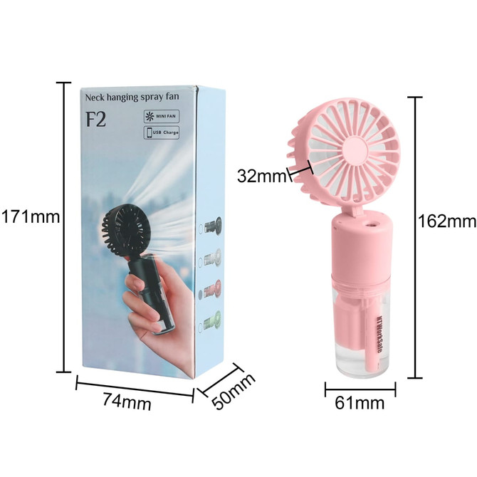 A pink neck spray fan with a detachable bottle, displayed beside its box featuring dimensions and a logo.