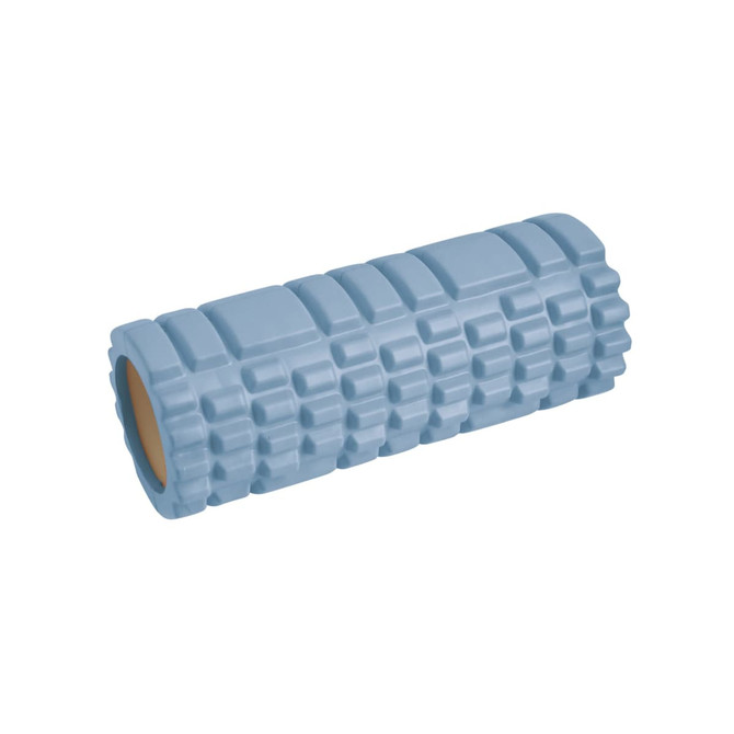 A foam yoga roller in light blue with a textured pattern and a solid core, featuring a logo on one end.