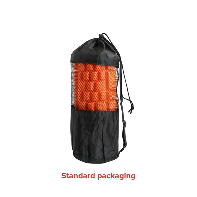A black storage bag with a mesh panel containing multiple orange foam yoga rollers inside.