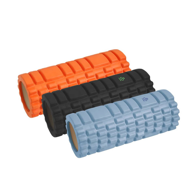 Three foam yoga rollers in orange, black, and blue, featuring textured surfaces and a logo.