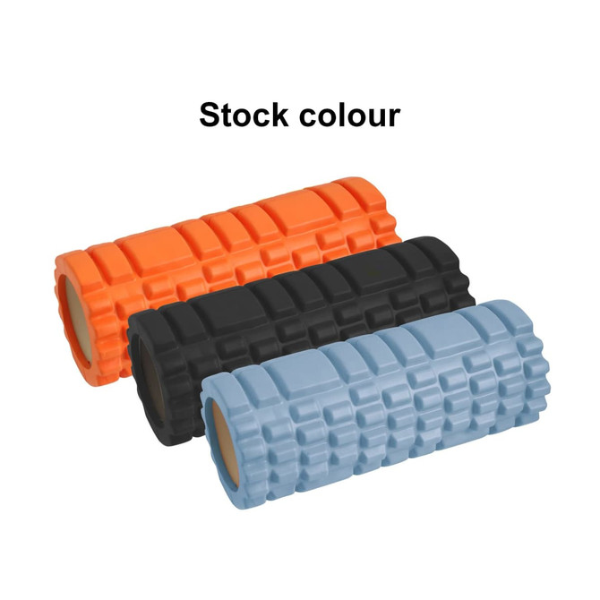 Three foam yoga rollers in orange, black, and light blue, featuring a textured surface and a logo.