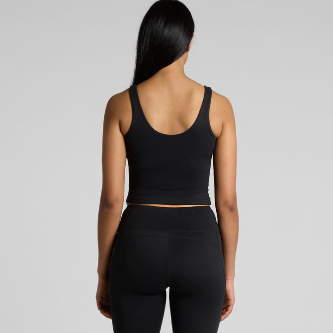 A black active bra tank featuring a fitted design and wide straps, shown from the back.