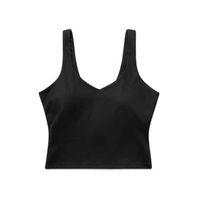 A black active bra tank with a v-neck design and wide straps, featuring a logo.